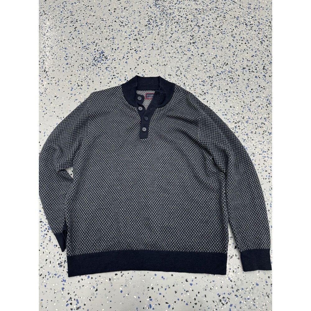 UNTUCKit Mens XL Extra Fine Merino Wool Sweater Navy Sorensen Cross Button Neck